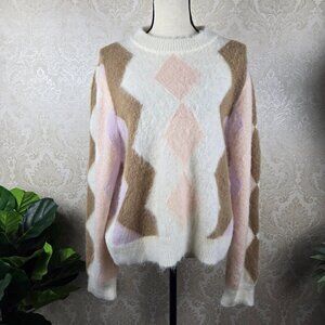 J Crew Size XL Pullover Sweater Cream Pink Brwn Argyle Chevron Alpaca/Wool Blend